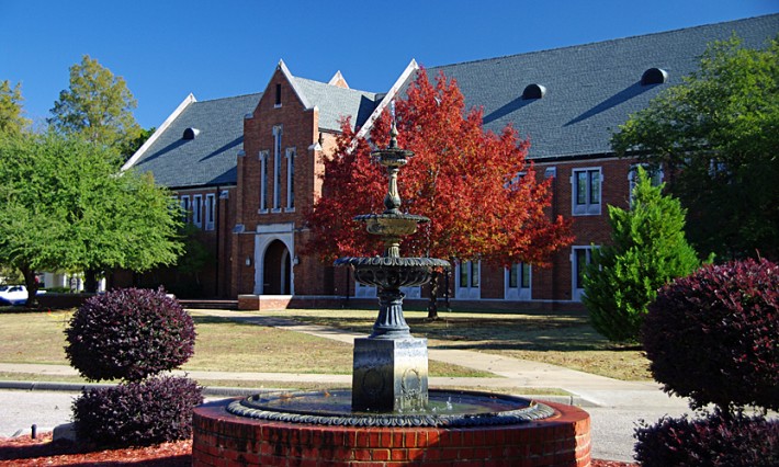 fountain, red tree, and Smith Hall