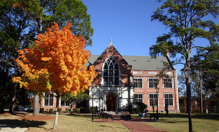 Houghton Library with fall tree