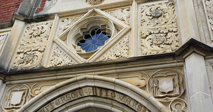 architecture above Flowers Hall front door